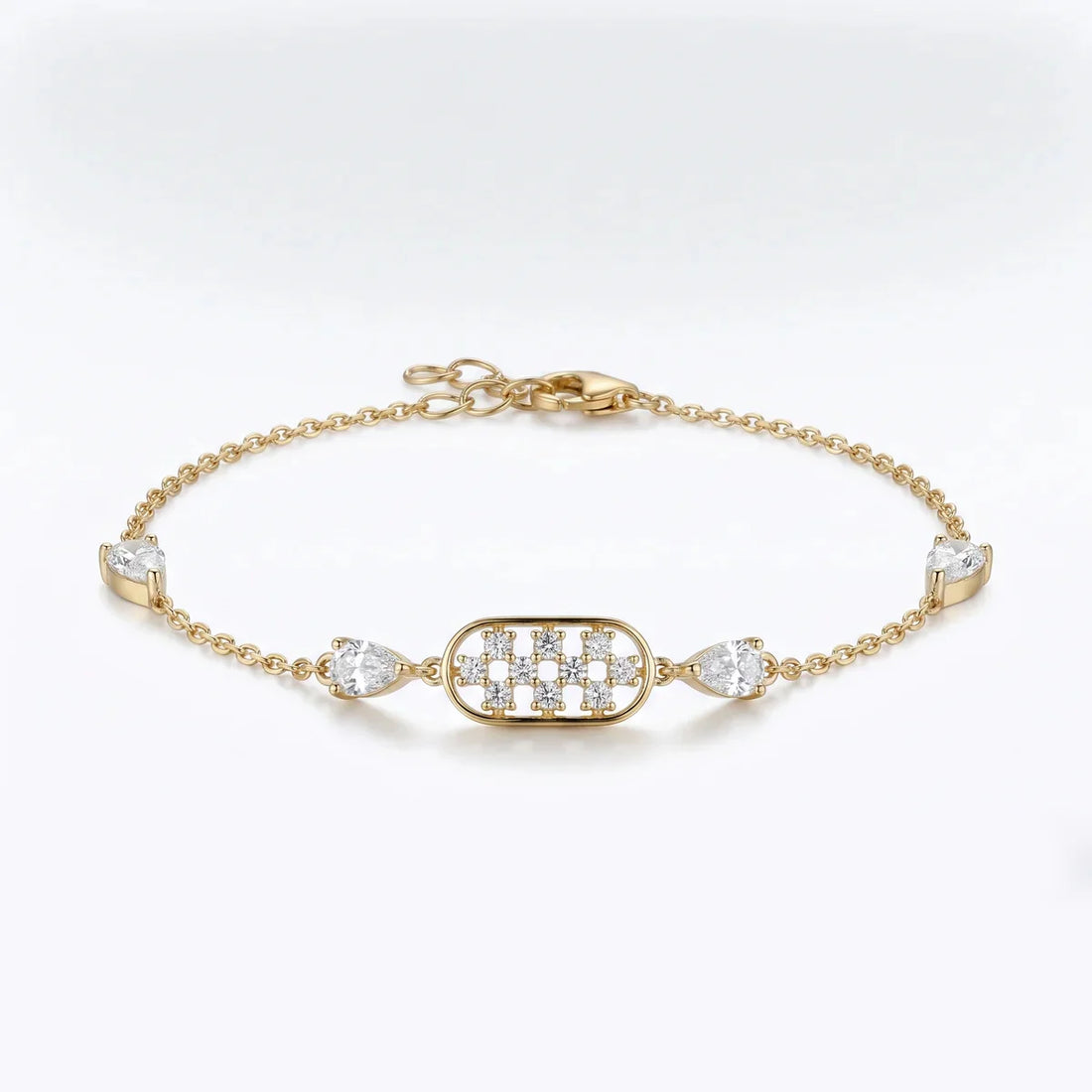 925 Sterling Silver Pear & Round Diamond Station Bracelet for Women – Pavé Center Design