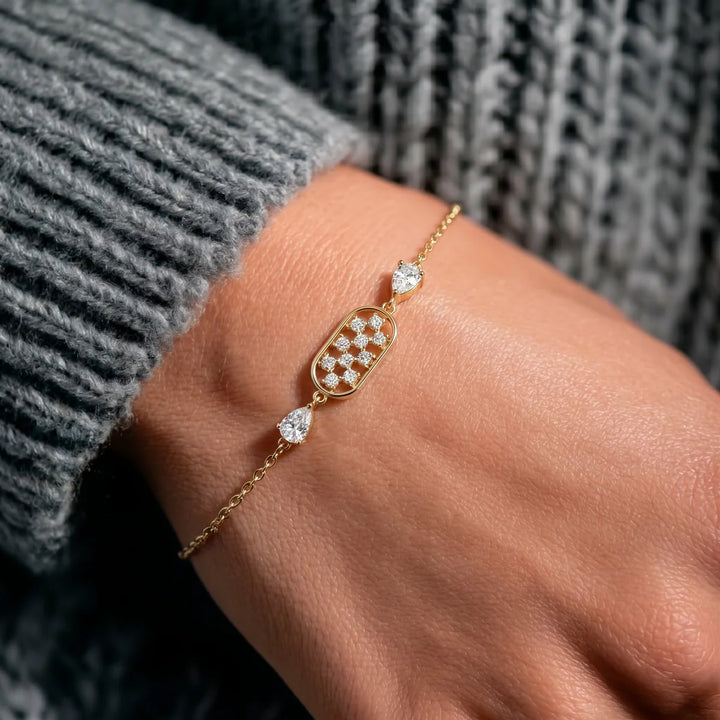 925 Sterling Silver Pear & Round Diamond Station Bracelet for Women – Pavé Center Design
