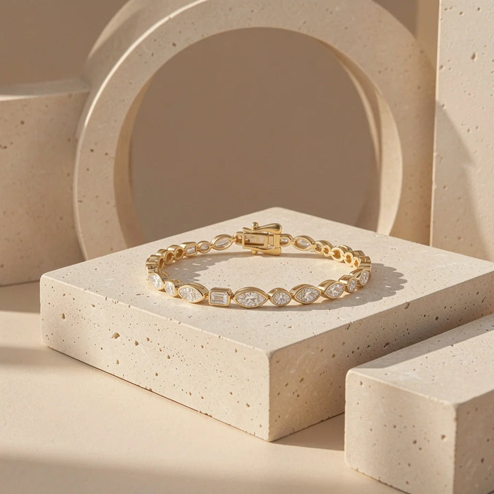 925 Sterling Silver Mixed-Cut Cubic Zirconia Tennis Bracelet with Marquise, Round & Baguette Stones