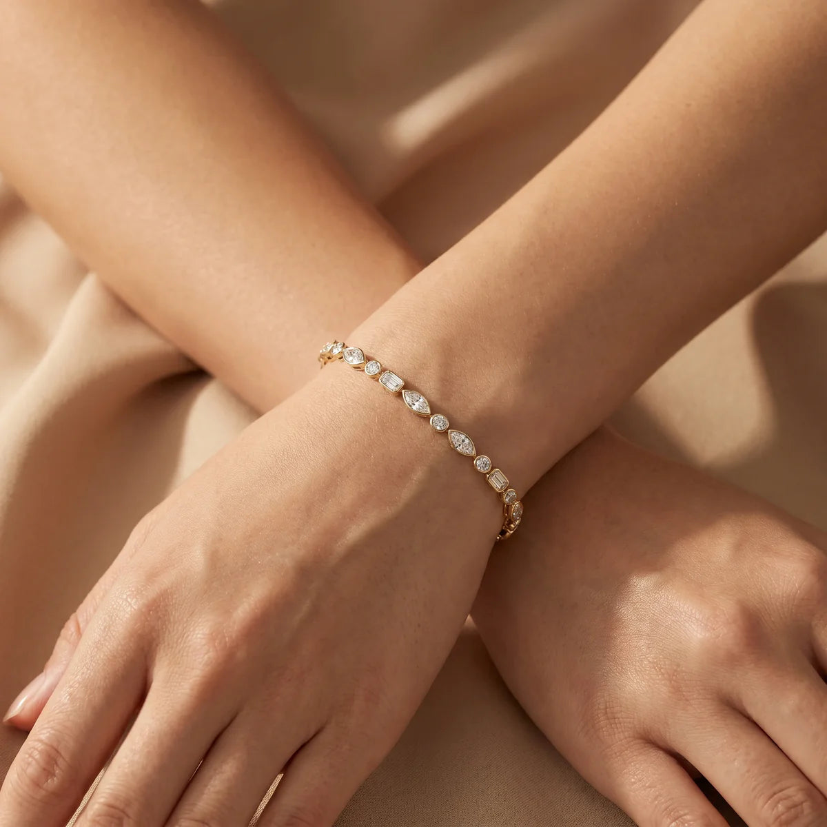 925 Sterling Silver Mixed-Cut Cubic Zirconia Tennis Bracelet with Marquise, Round & Baguette Stones
