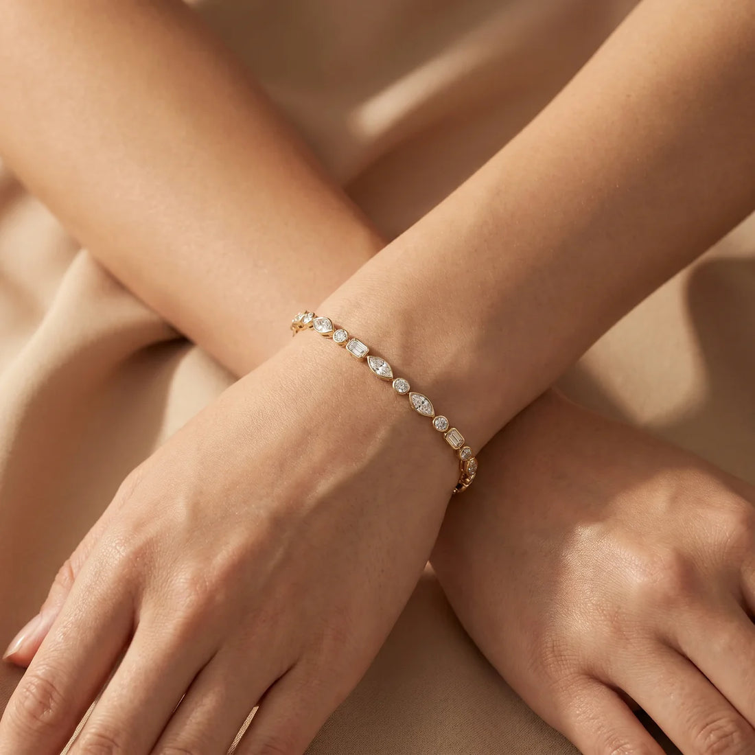 925 Sterling Silver Mixed-Cut Cubic Zirconia Tennis Bracelet with Marquise, Round & Baguette Stones