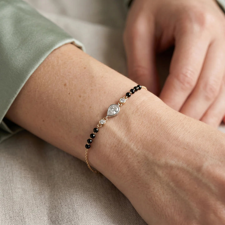 925 Sterling Silver Pear Drop Bracelet | Gold Plated Black Bead Bracelet Gift for Women