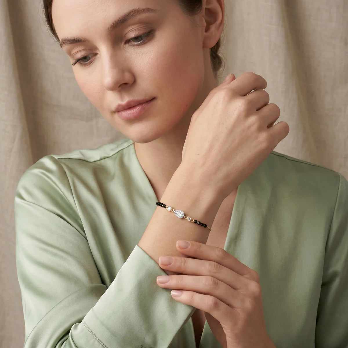 925 Sterling Silver Pear Drop Bracelet | Gold Plated Black Bead Bracelet Gift for Women
