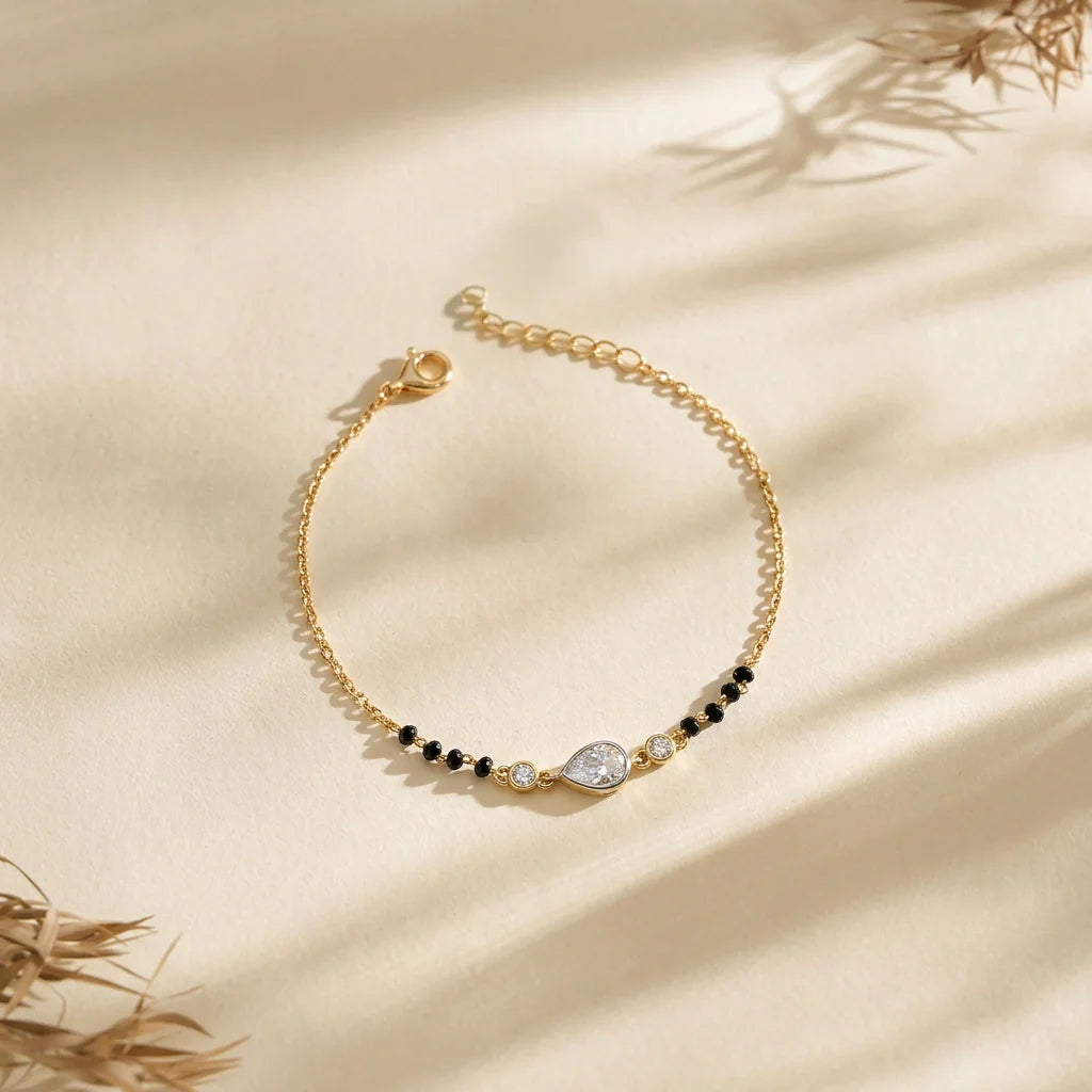 925 Sterling Silver Pear Drop Bracelet | Gold Plated Black Bead Bracelet Gift for Women