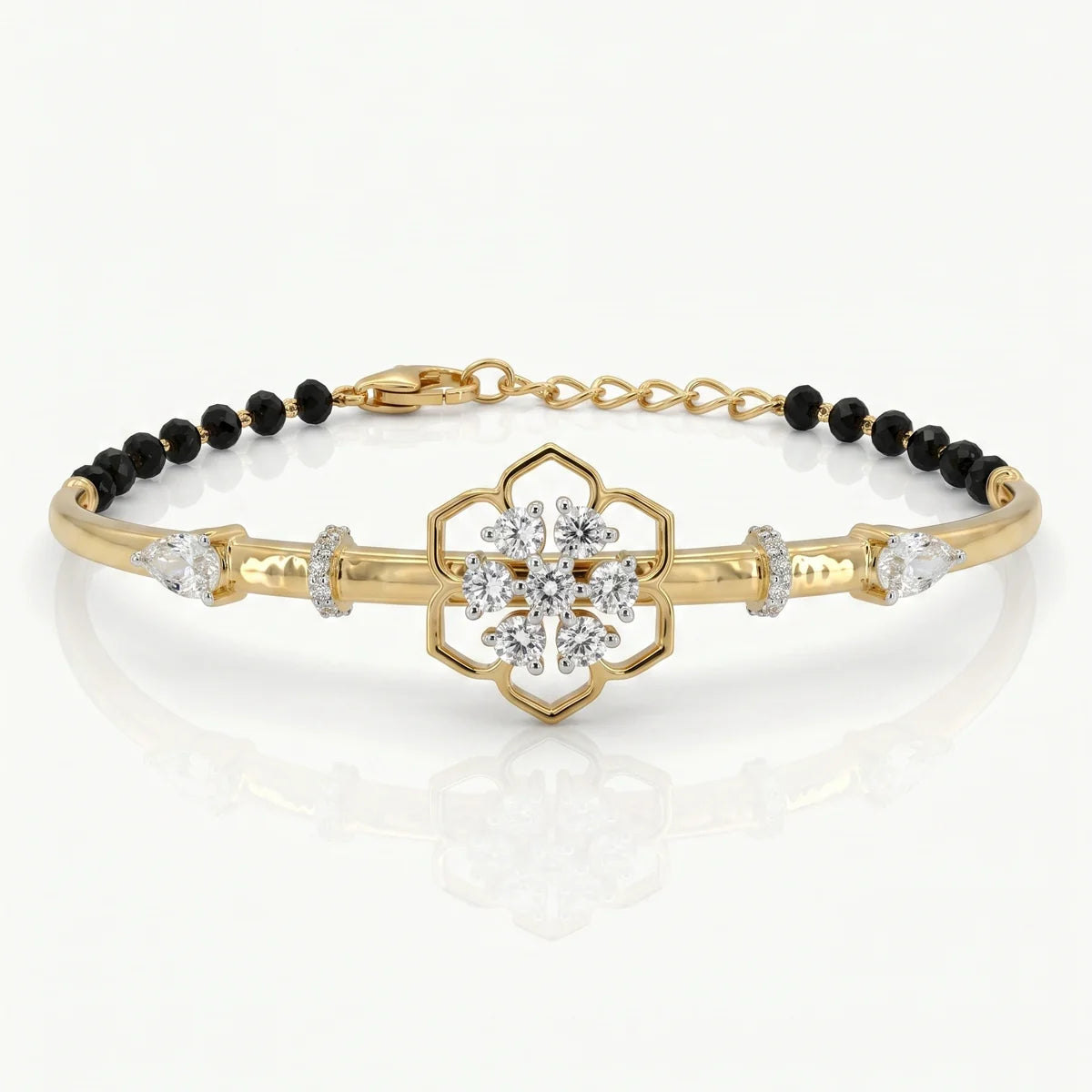 925 Sterling Silver Floral Diamond Mangalsutra Bracelet – Round & Pear Cut Lab Diamond Open Flower Bracelet for Women 925 Sterling Silver