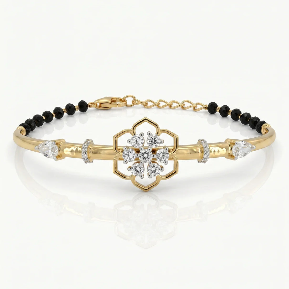 925 Sterling Silver Floral Diamond Mangalsutra Bracelet – Round & Pear Cut Lab Diamond Open Flower Bracelet for Women 925 Sterling Silver