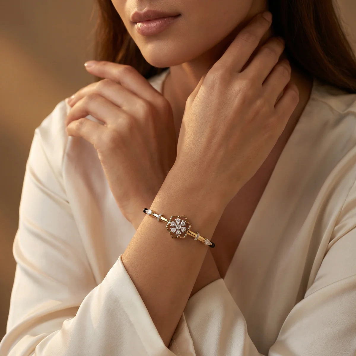 925 Sterling Silver Floral Diamond Mangalsutra Bracelet – Round & Pear Cut Lab Diamond Open Flower Bracelet for Women 925 Sterling Silver