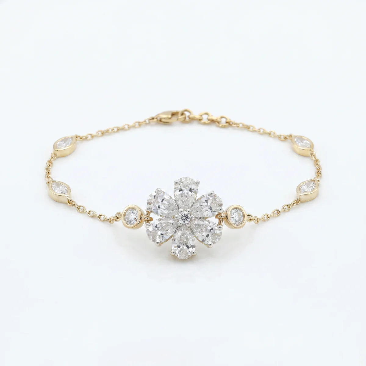 Floral Marquise Diamond Cluster Bracelet in 925 Sterling Silver | Bezel Station Chain Bracelet | Elegant Flower Tennis Bracelet | Gift for Her