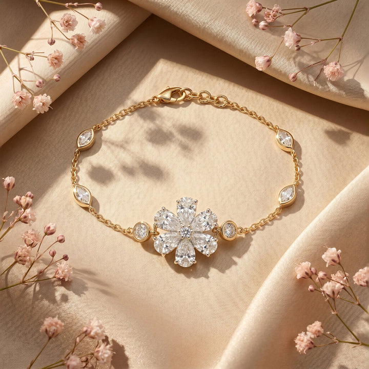 Floral Marquise Diamond Cluster Bracelet in 925 Sterling Silver | Bezel Station Chain Bracelet | Elegant Flower Tennis Bracelet | Gift for Her