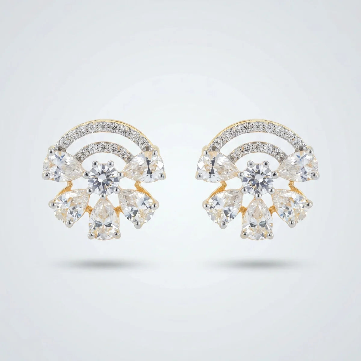 Premium Round & Pear Diamond Curved Stud Earrings in 925 Sterling Silver