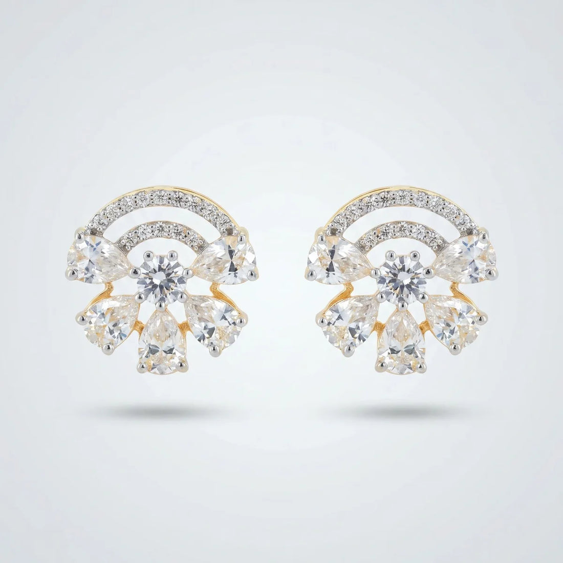 Premium Round & Pear Diamond Curved Stud Earrings in 925 Sterling Silver