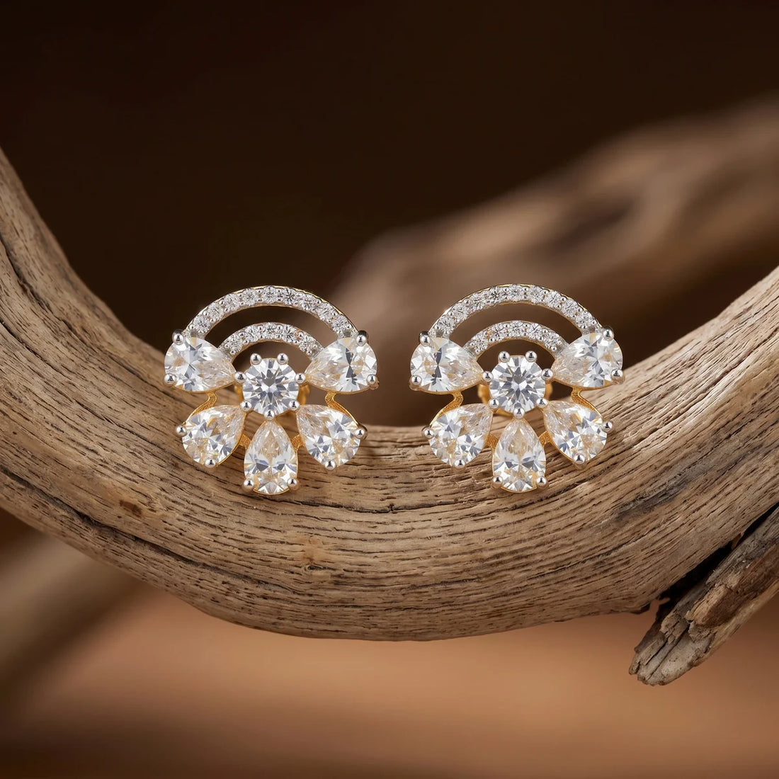 Premium Round & Pear Diamond Curved Stud Earrings in 925 Sterling Silver