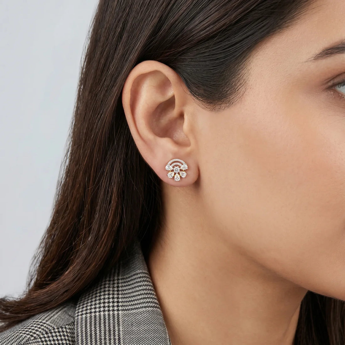 Premium Round & Pear Diamond Curved Stud Earrings in 925 Sterling Silver