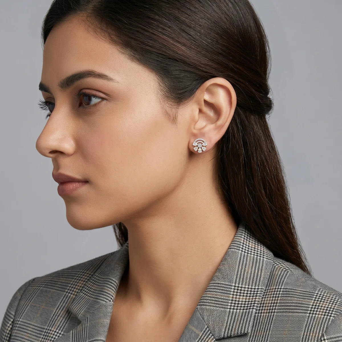 Premium Round & Pear Diamond Curved Stud Earrings in 925 Sterling Silver