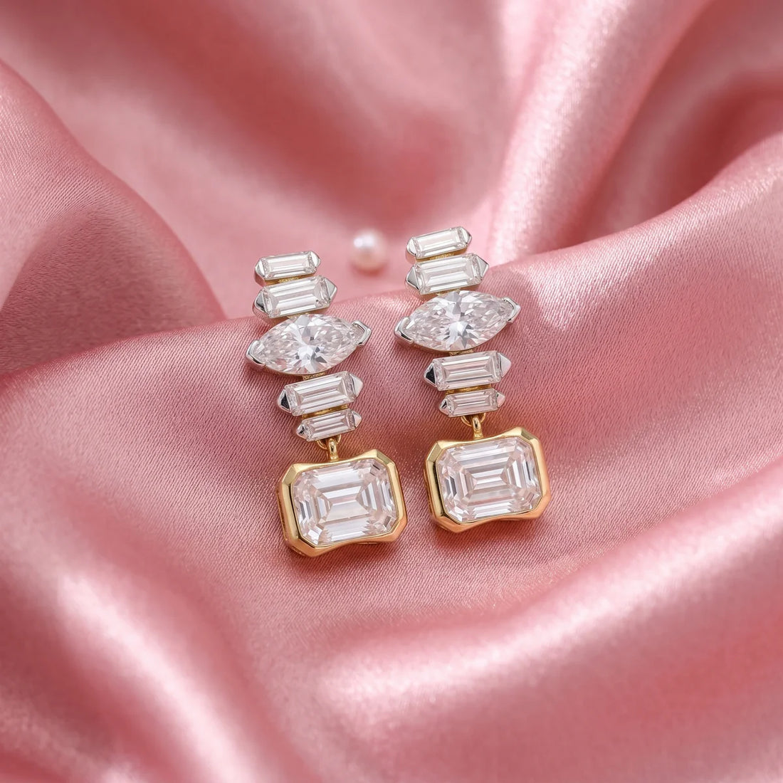 Emerald Cut & Marquise Diamond Statement Drop Earrings 925 Sterling Silver