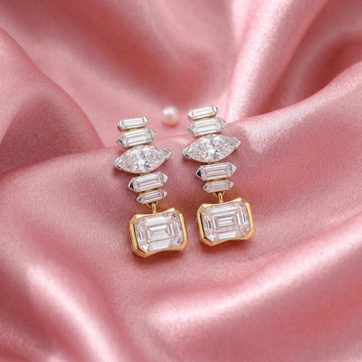 Emerald Cut & Marquise Diamond Statement Drop Earrings 925 Sterling Silver