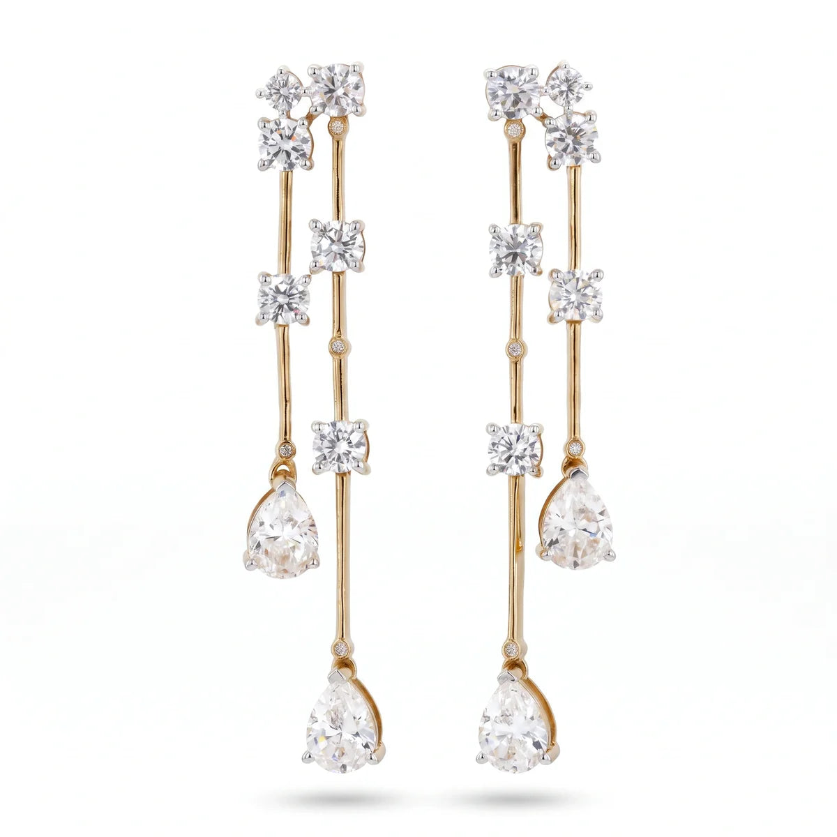 Pear & Round Diamond Double Drop Dangle Earrings in 925 Sterling Silver
