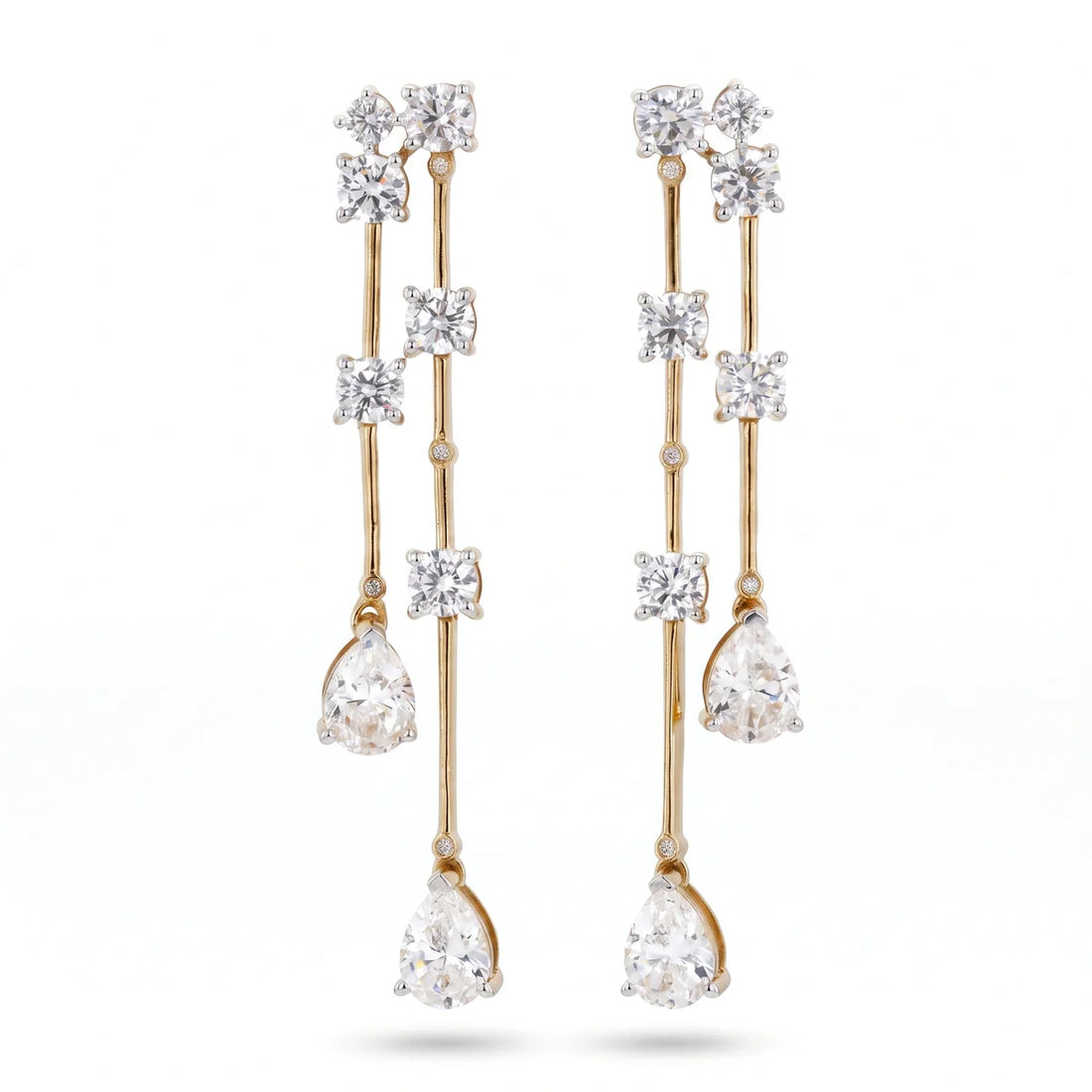 Pear & Round Diamond Double Drop Dangle Earrings in 925 Sterling Silver