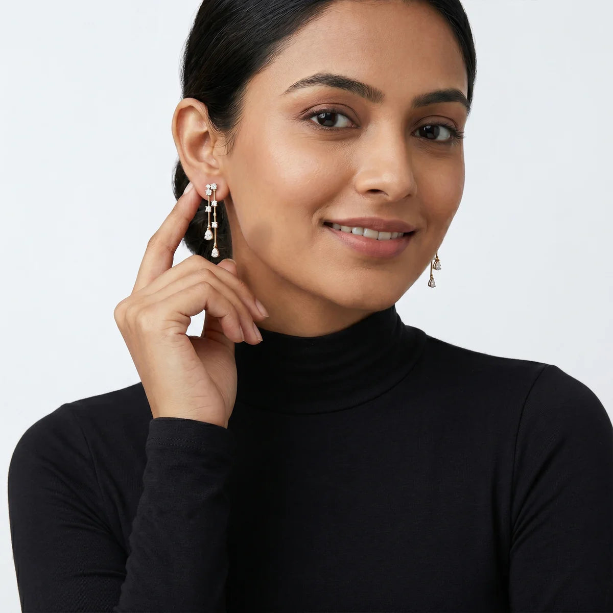 Pear & Round Diamond Double Drop Dangle Earrings in 925 Sterling Silver