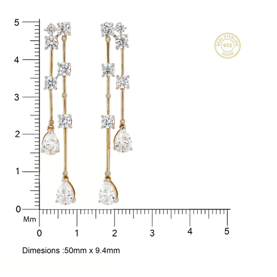 Pear & Round Diamond Double Drop Dangle Earrings in 925 Sterling Silver