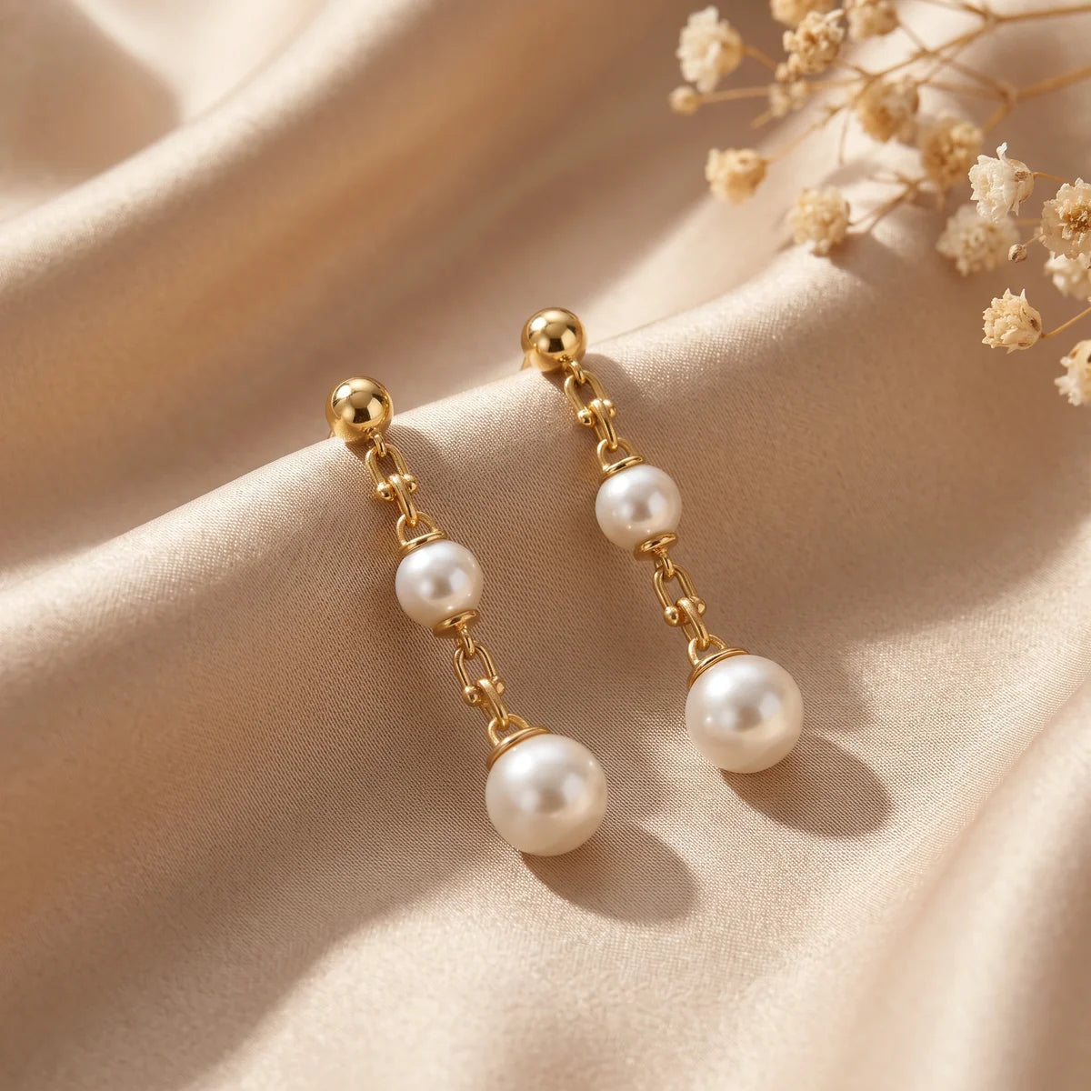 Classic Double Pearl Drop Earrings in 925 Sterling Silver