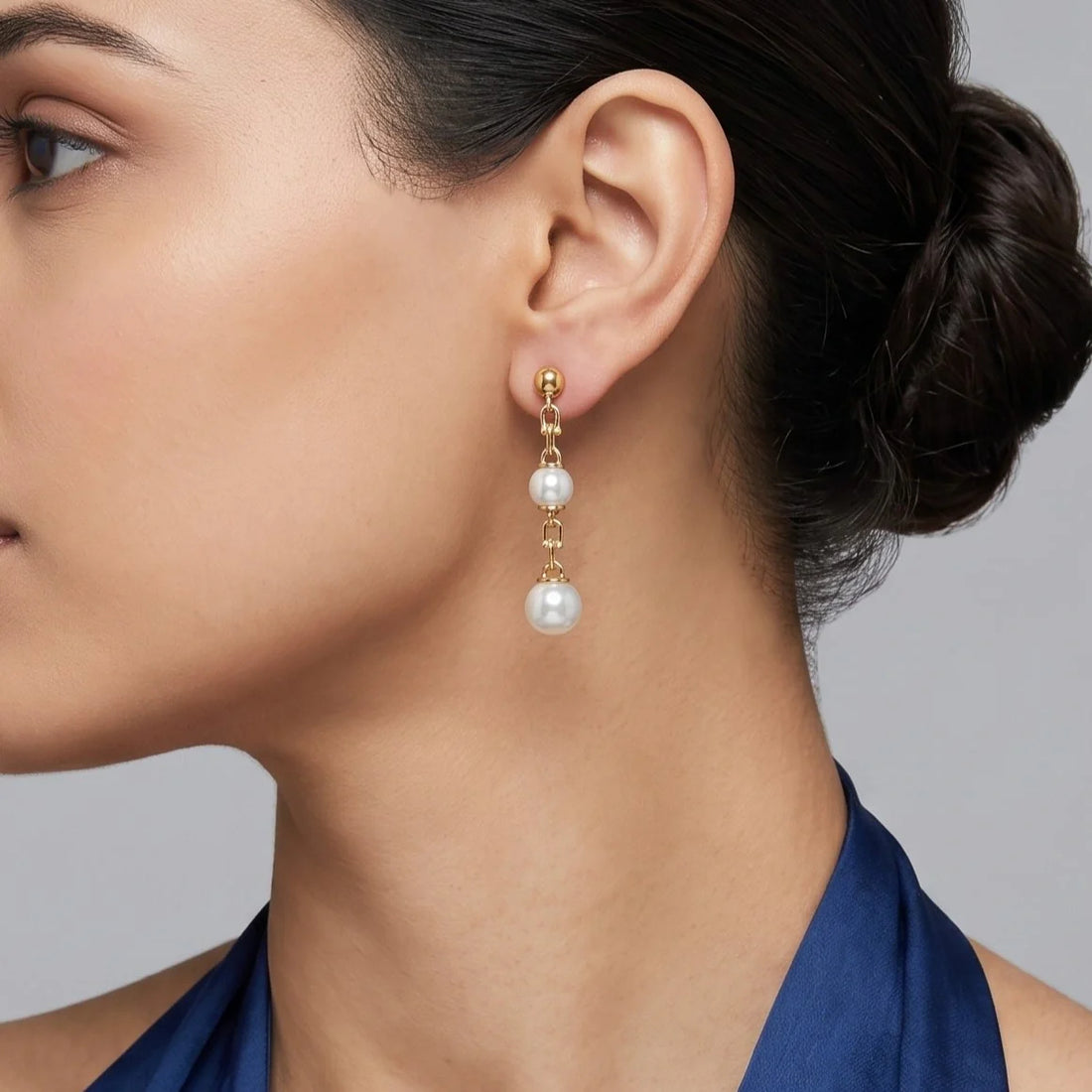 Classic Double Pearl Drop Earrings in 925 Sterling Silver