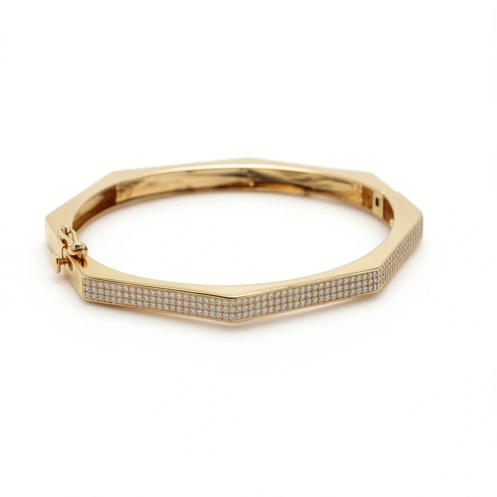 Hexagon Pavé Diamond Hinged Bangle Bracelet for Women – Geometric Luxury Design 925 Sterling Silver