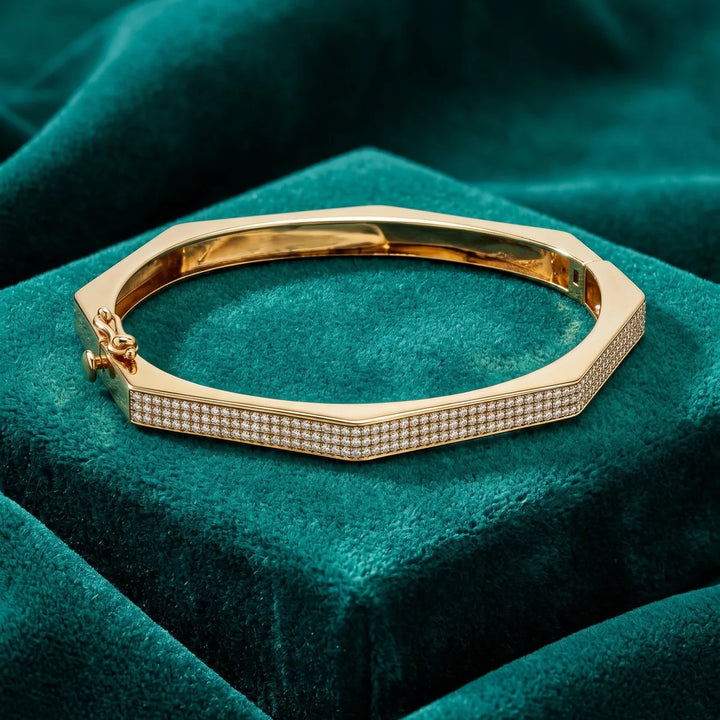 Hexagon Pavé Diamond Hinged Bangle Bracelet for Women – Geometric Luxury Design 925 Sterling Silver