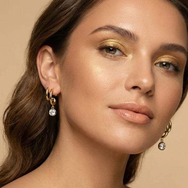 Golden Double Hoop Diamond Drop Earrings