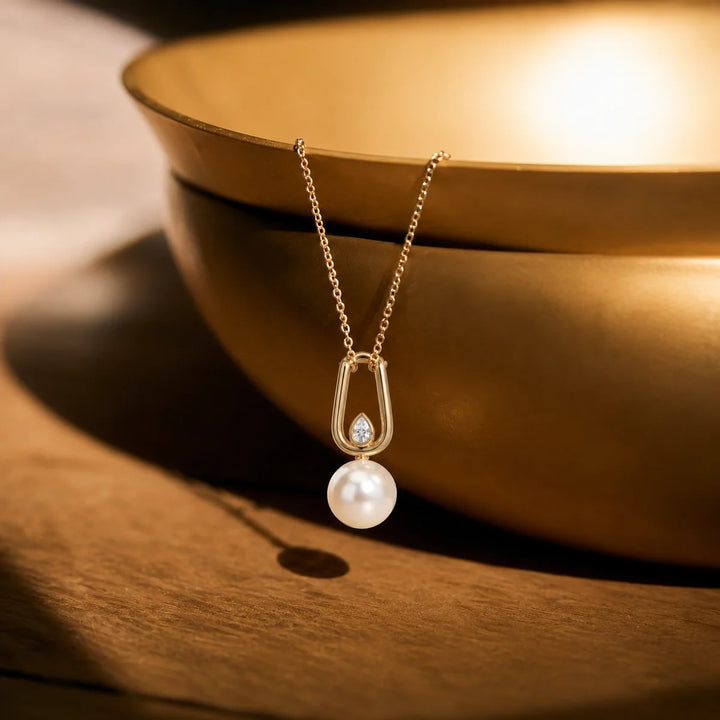 Pear Diamond & Freshwater Pearl Drop Pendant Necklace in 925 Sterling Silver