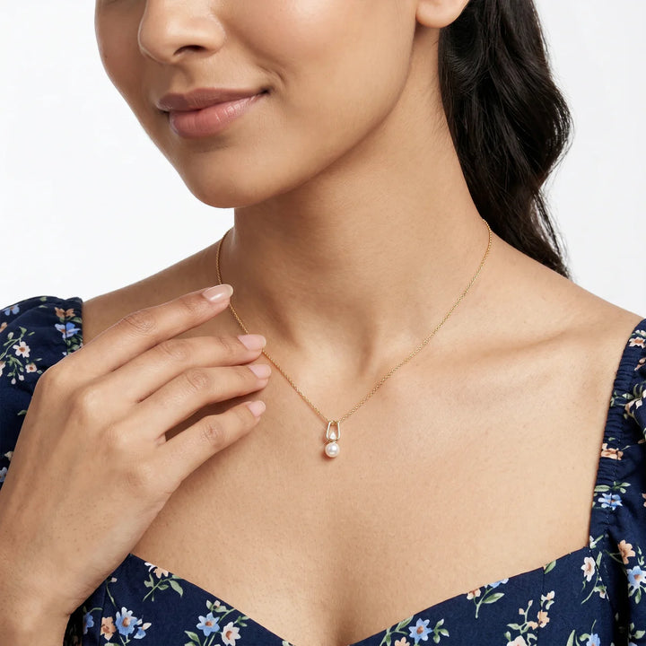 Pear Diamond & Freshwater Pearl Drop Pendant Necklace in 925 Sterling Silver