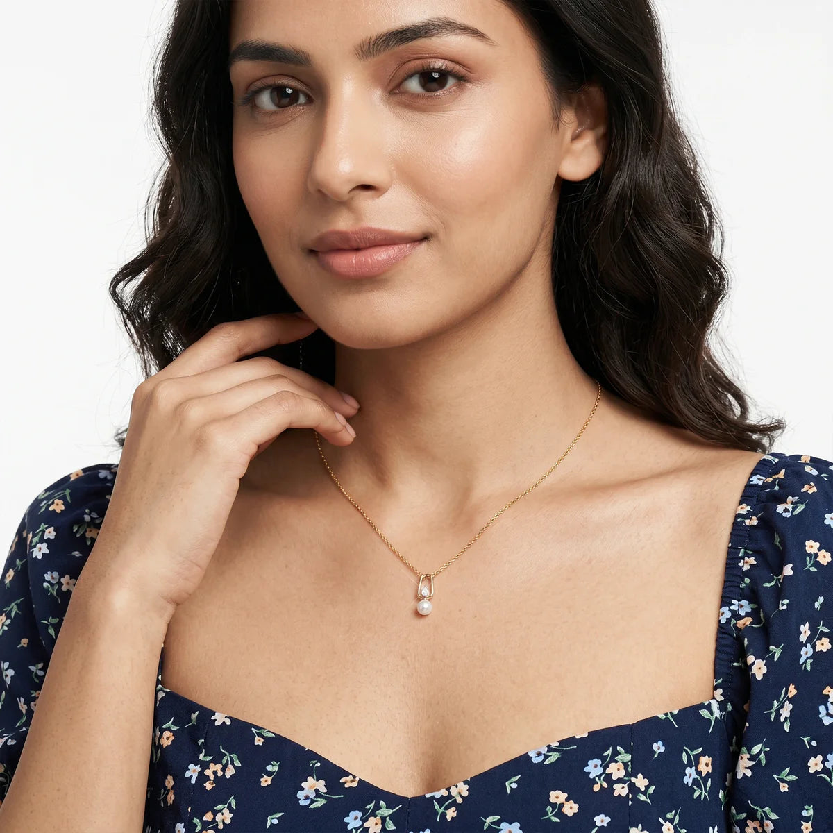Pear Diamond & Freshwater Pearl Drop Pendant Necklace in 925 Sterling Silver