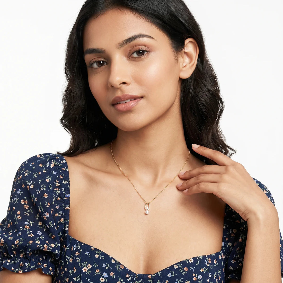 Pear Diamond & Freshwater Pearl Drop Pendant Necklace in 925 Sterling Silver