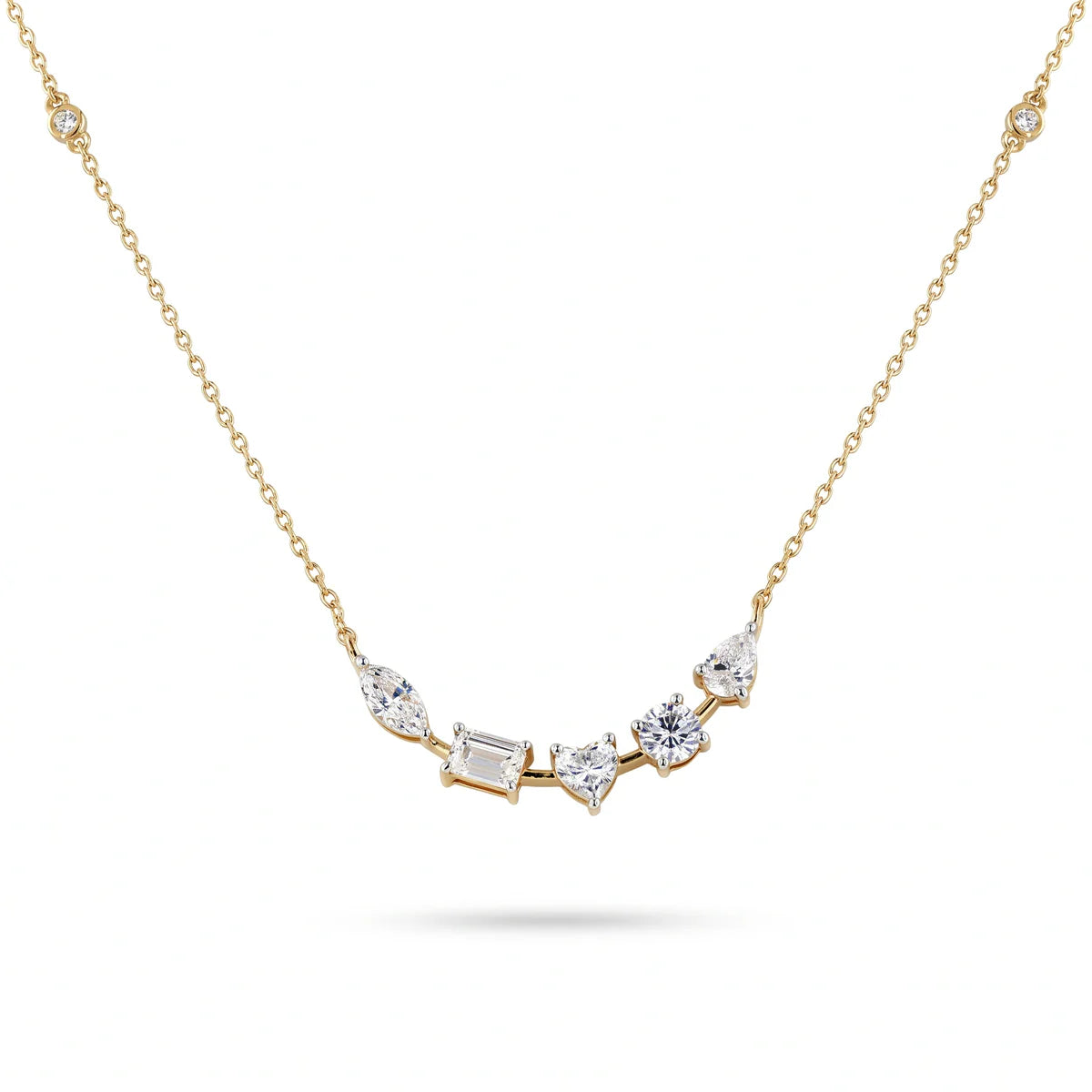 Mixed Cut Diamond Journey Necklace in 925 Sterling Silver – Marquise, Emerald & Heart Stone Station Necklace