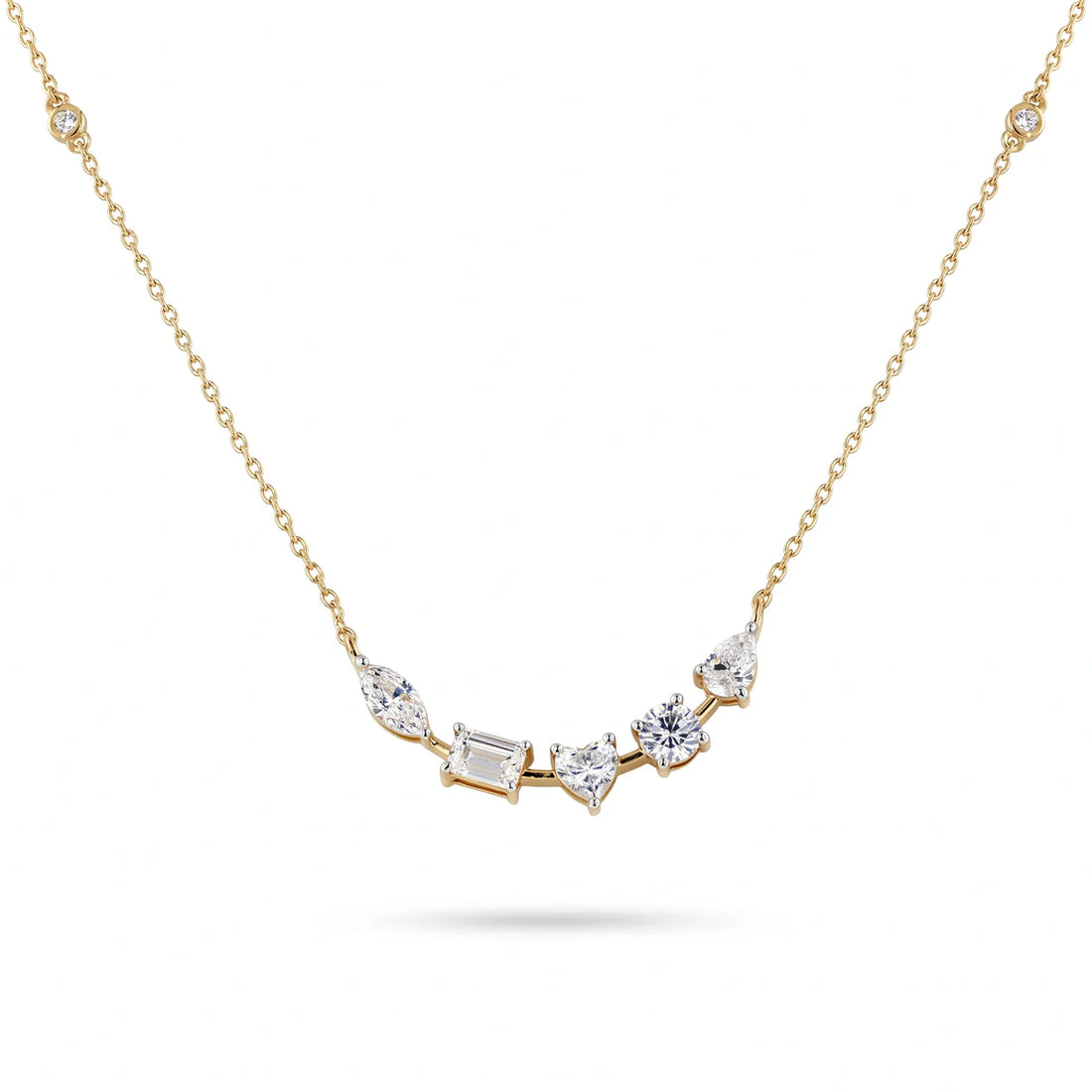 Mixed Cut Diamond Journey Necklace in 925 Sterling Silver – Marquise, Emerald & Heart Stone Station Necklace
