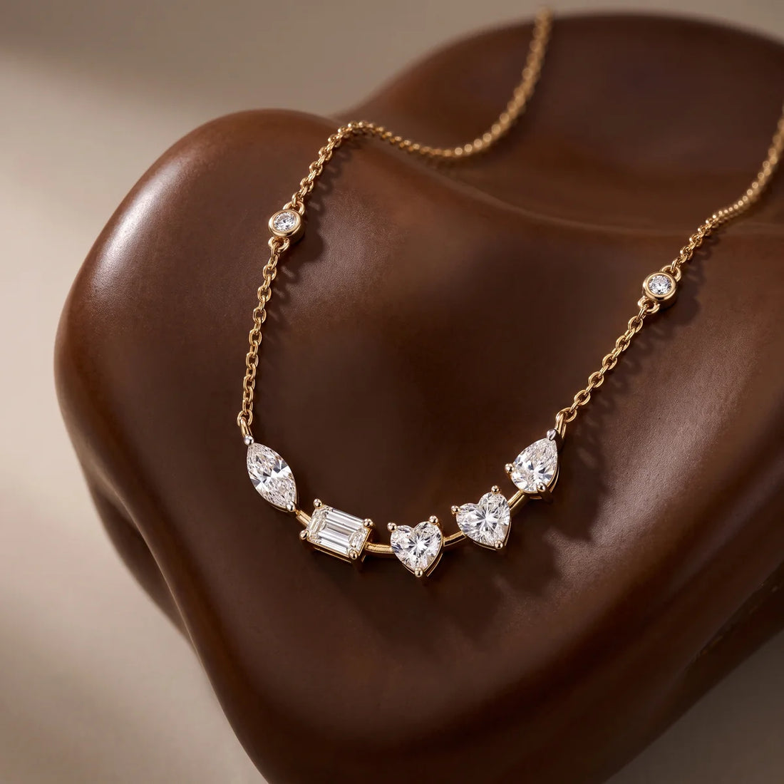 Mixed Cut Diamond Journey Necklace in 925 Sterling Silver – Marquise, Emerald & Heart Stone Station Necklace