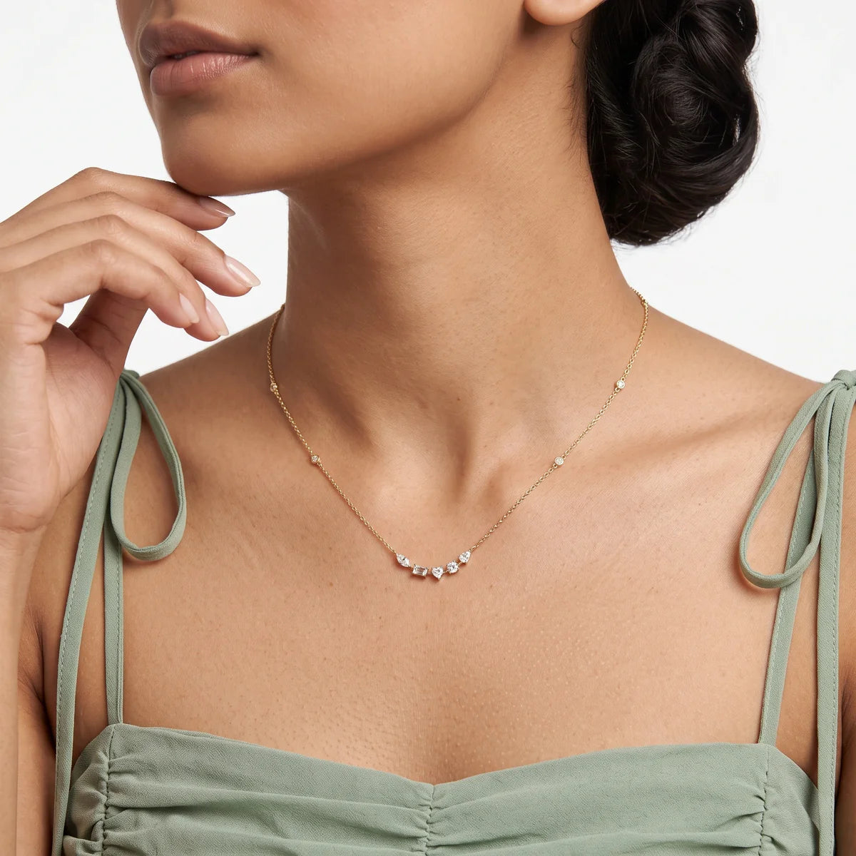 Mixed Cut Diamond Journey Necklace in 925 Sterling Silver – Marquise, Emerald & Heart Stone Station Necklace