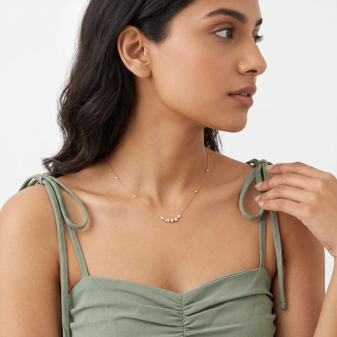 Mixed Cut Diamond Journey Necklace in 925 Sterling Silver – Marquise, Emerald & Heart Stone Station Necklace