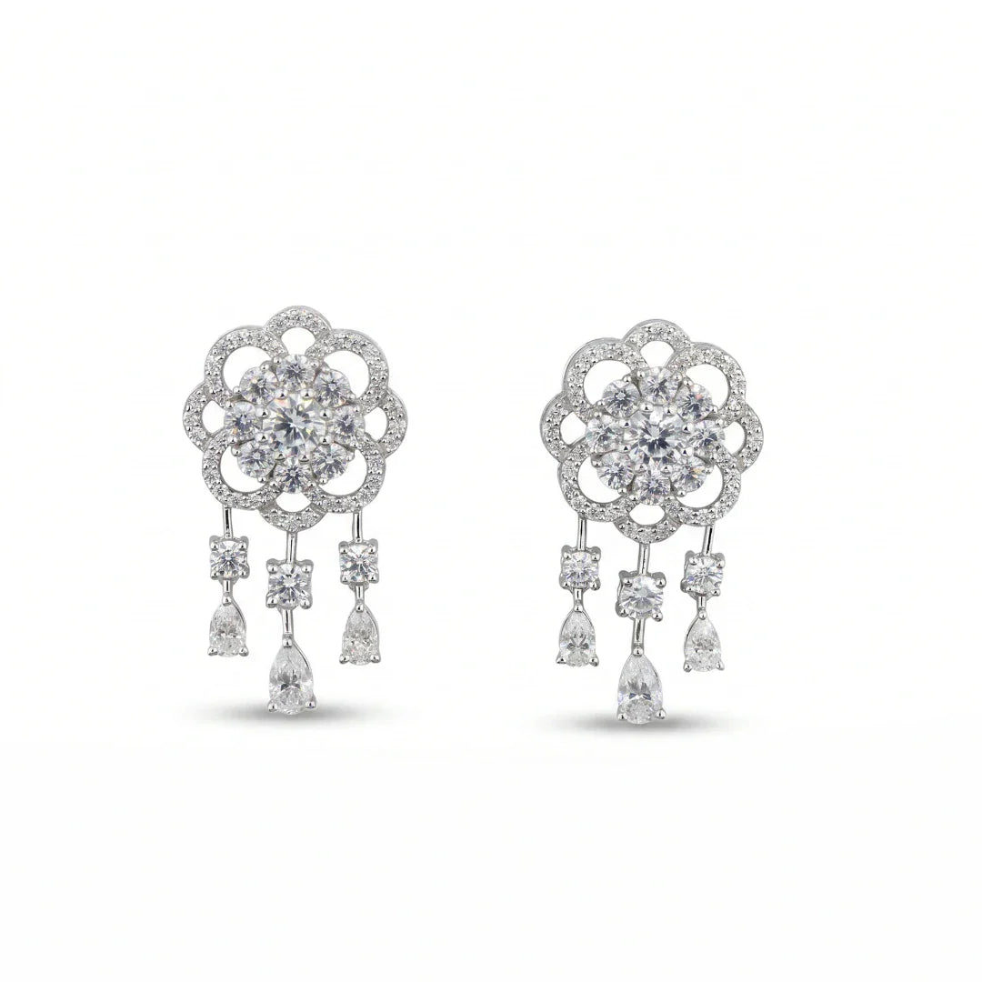 Floral Cluster Chandelier Drop Earrings in 925 Sterling Silver