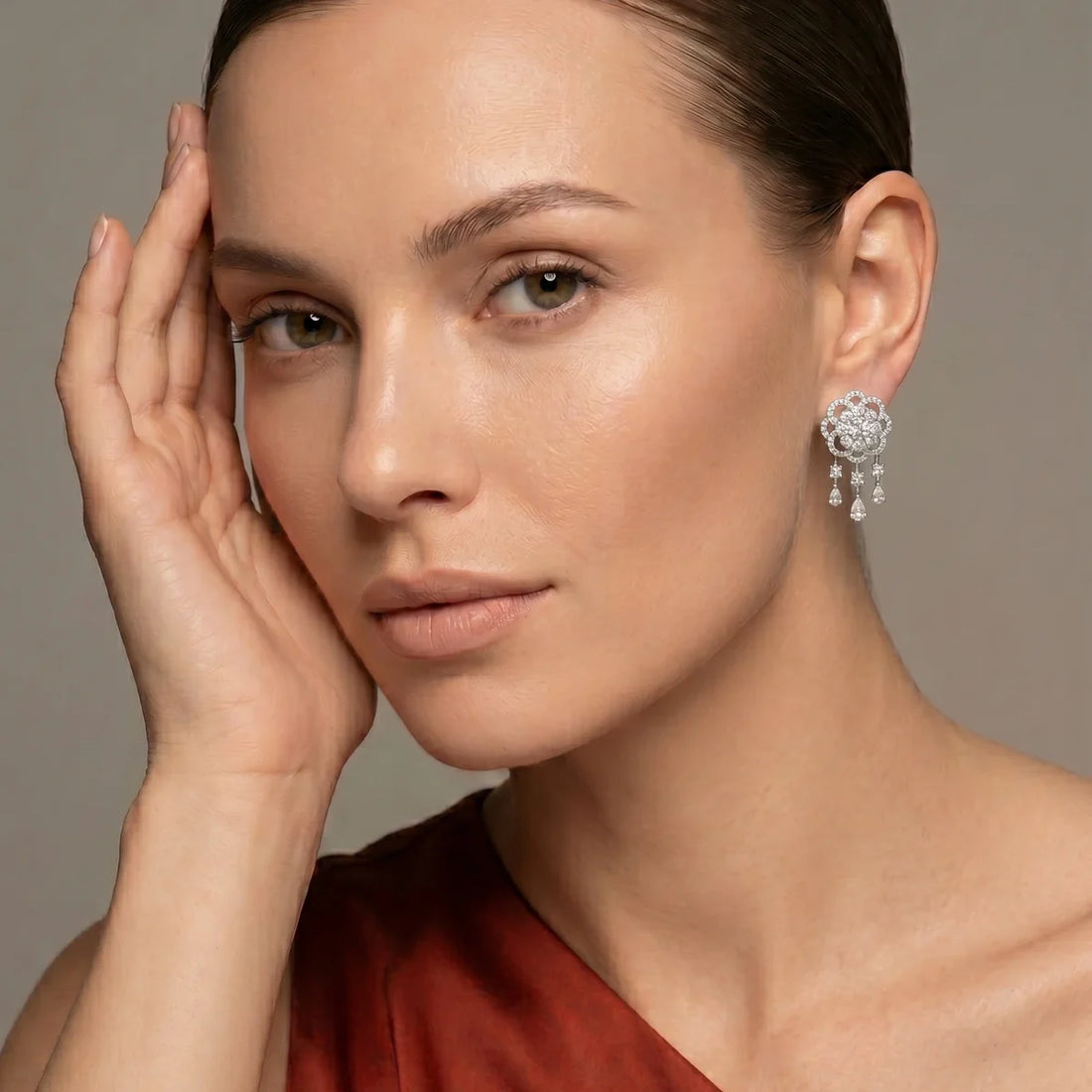 Floral Cluster Chandelier Drop Earrings in 925 Sterling Silver