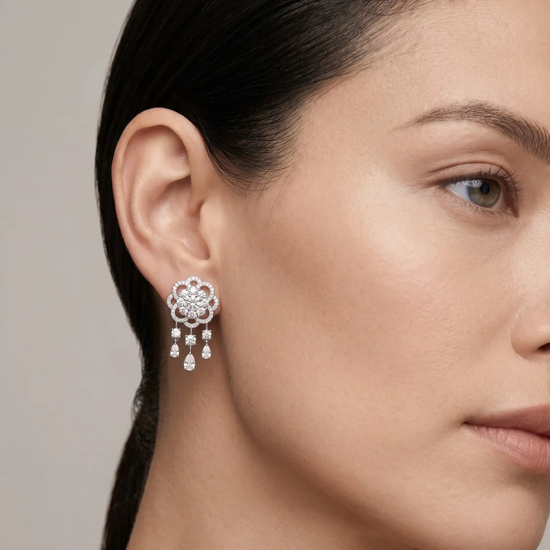 Floral Halo Diamond Drop Dangle Earrings in 925 Sterling Silver