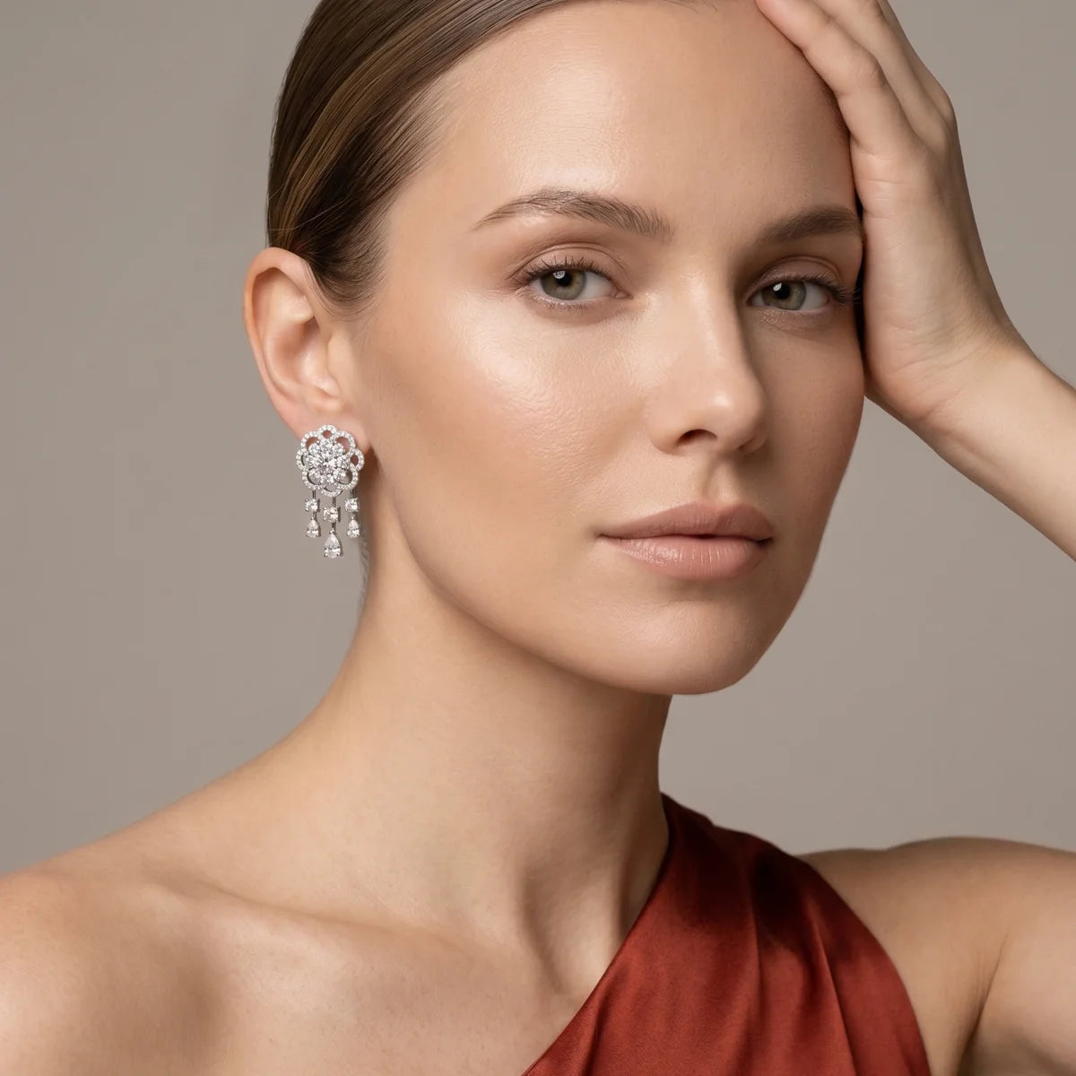 Floral Cluster Chandelier Drop Earrings in 925 Sterling Silver