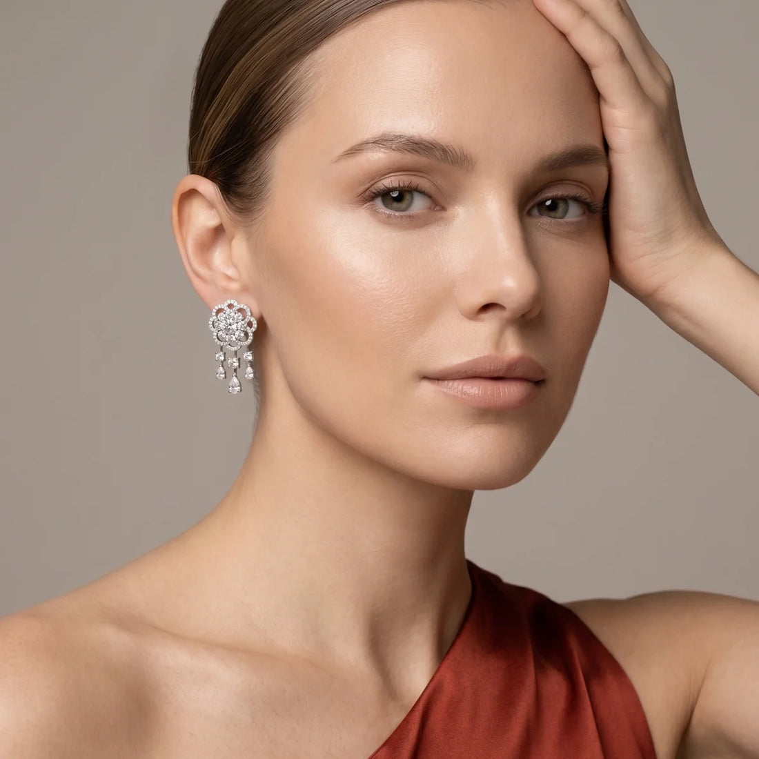 Floral Cluster Chandelier Drop Earrings in 925 Sterling Silver