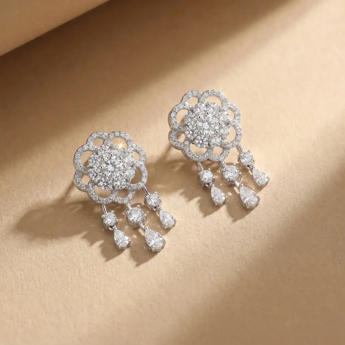 Floral Halo Diamond Drop Dangle Earrings in 925 Sterling Silver