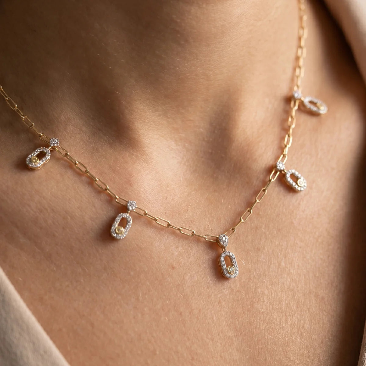 Diamond Paperclip Link Necklace and Earrings Set in 925 Sterling Silver for Women