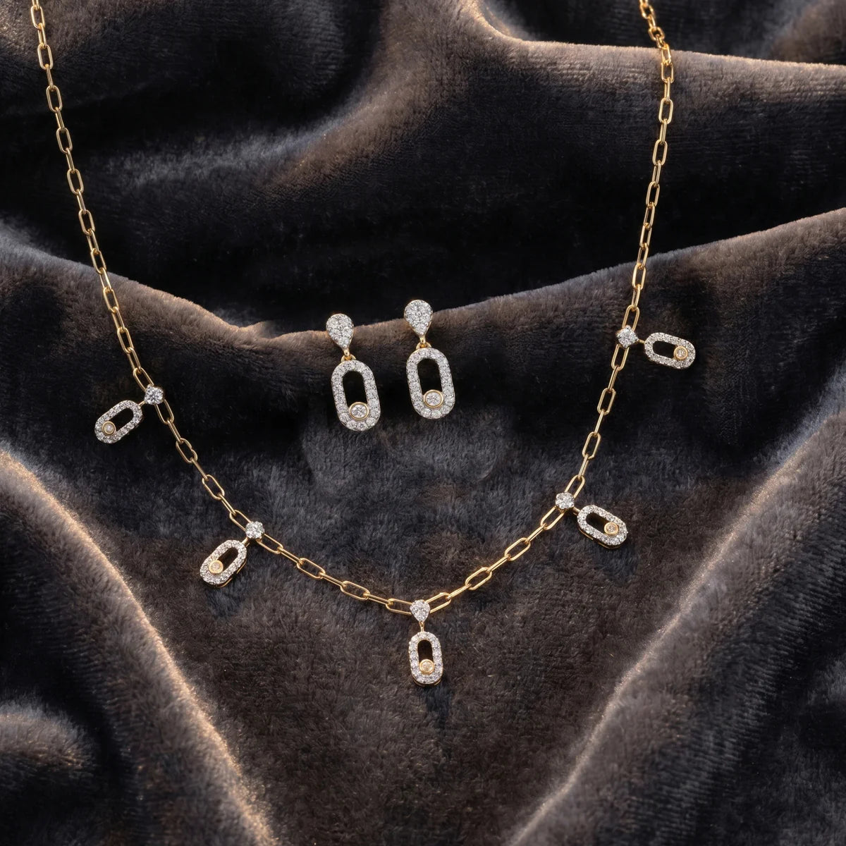 Diamond Paperclip Link Necklace and Earrings Set in 925 Sterling Silver for Women