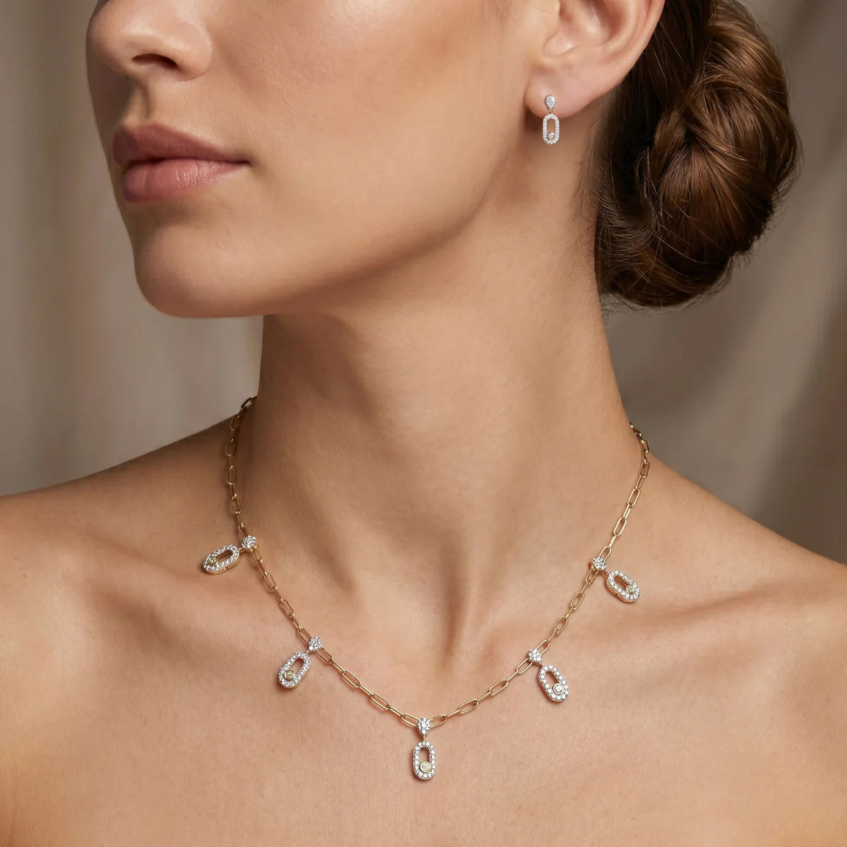 Diamond Paperclip Link Necklace and Earrings Set in 925 Sterling Silver for Women