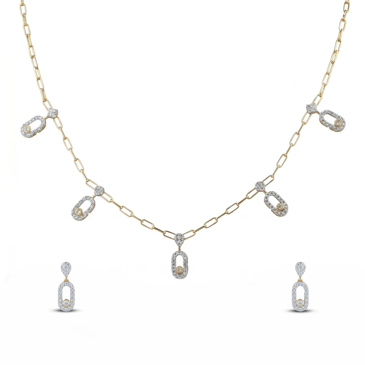 Diamond Paperclip Link Necklace and Earrings Set in 925 Sterling Silver for Women