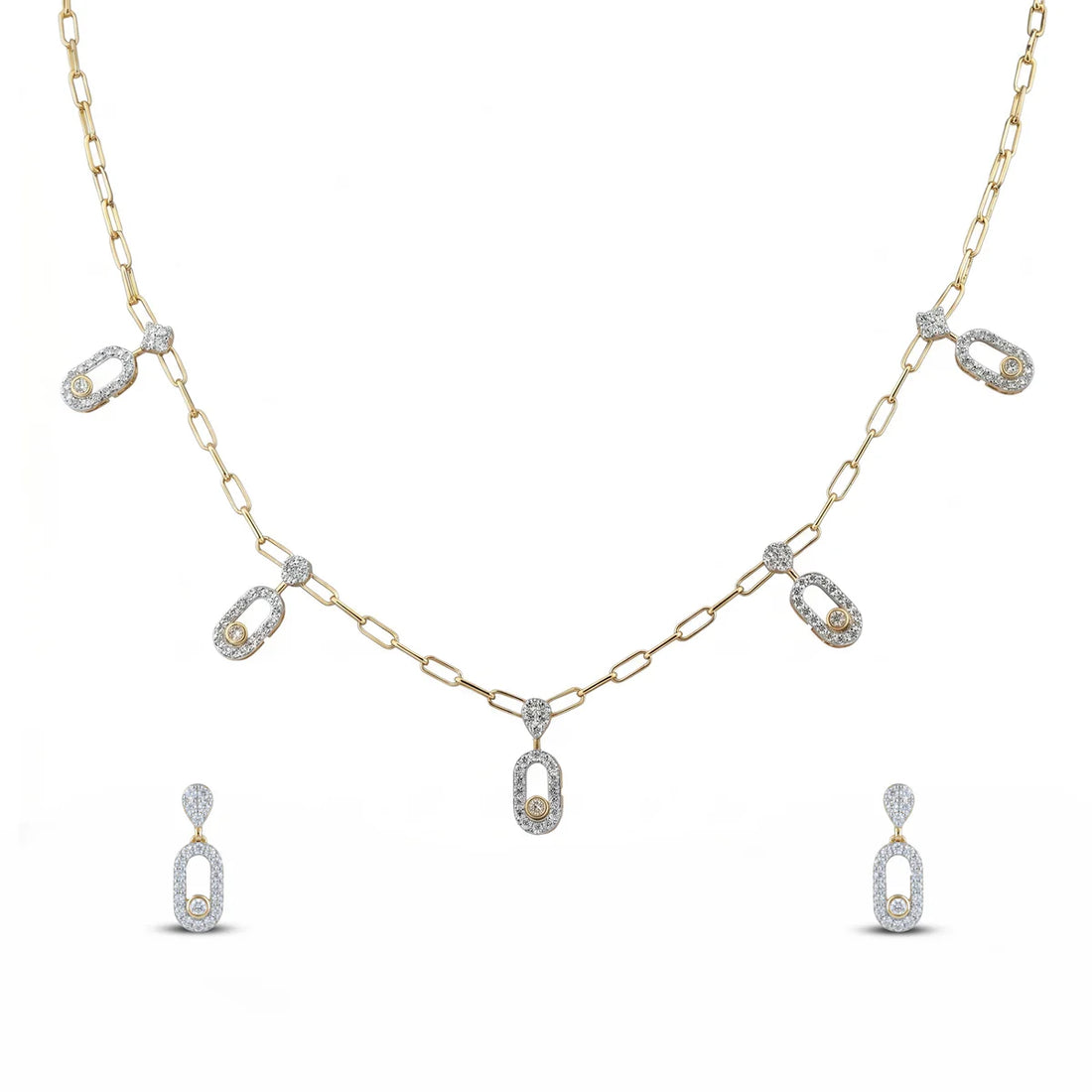 Diamond Paperclip Link Necklace and Earrings Set in 925 Sterling Silver for Women
