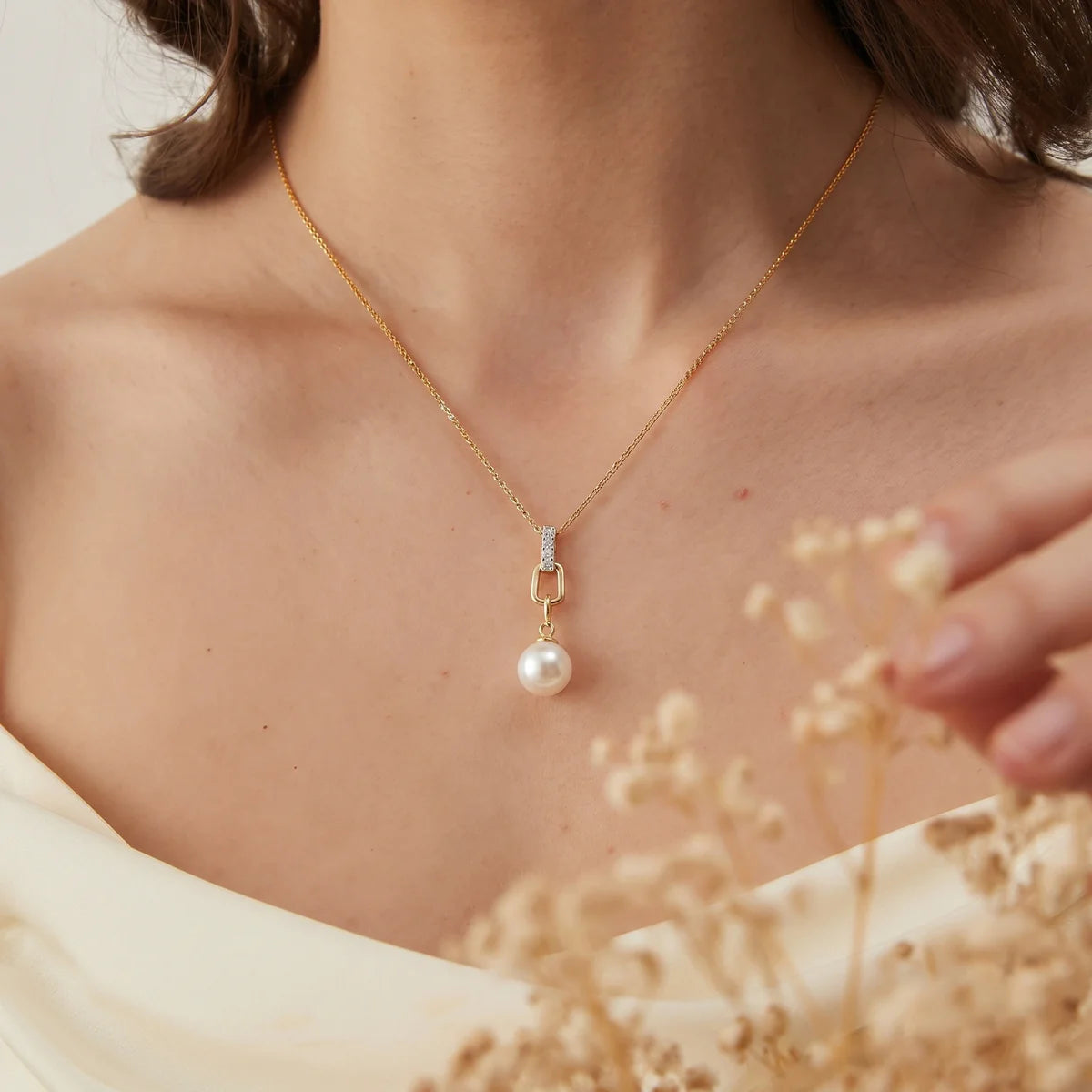 Diamond Bar Freshwater Pearl Drop Pendant Necklace in 925 Sterling Silver